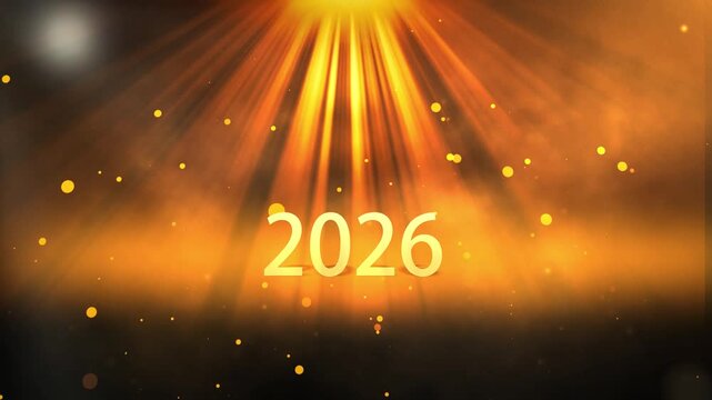 Happy new year 2027 golden text shine light effect with flare light and glow bokeh particles cinematic title falling on black abstract background
