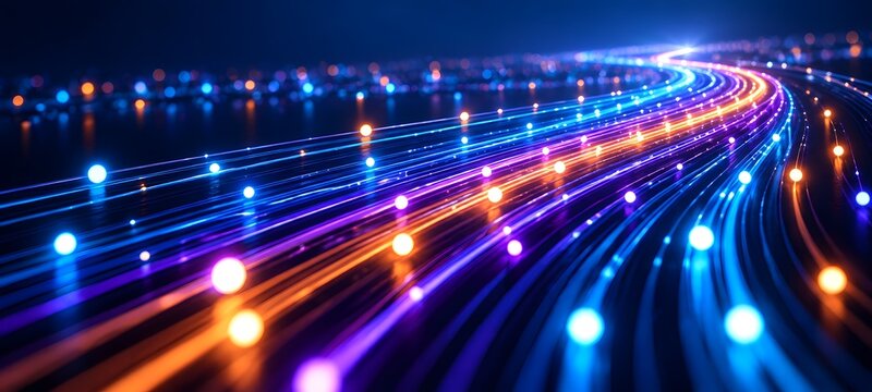 Abstract glowing fiber optic light trails representing high-speed digital data transfer and telecommunications network technology background.