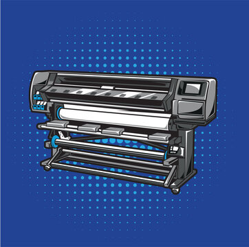 Large format inkjet printer plotter vector illustration with roll paper feeder, print shop machine and halftone blue background