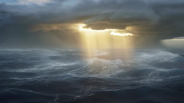 60 FPS Stormy ocean swells under dark clouds as sunbeams break through and brighten sea spray