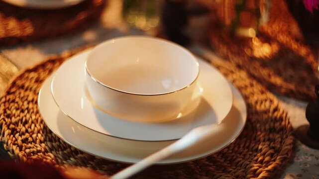 Elegant dining table set with white plates and bowls on a woven placemat during evening hours