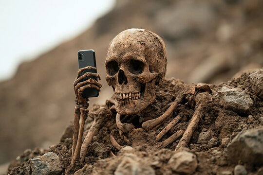 Skeleton using smartphone buried in dirt