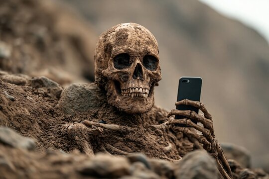 Ancient skeleton buried in earth holds a modern smartphone