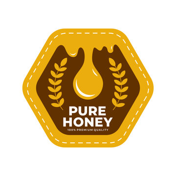 Pure honey hexagon stamp label vector with drops of honey illustration. Original premium honey sticker label product. For logo, icon, badge, sign, symbol, seal, banner, emblem, tag, button