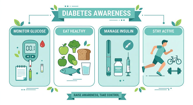 Diabetes awareness infographic with healthy lifestyle tips and tools