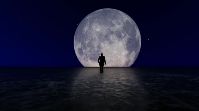 A man walking into the moon on a water surface