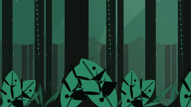 Dark green stylized forest parallax vector background with mystical trees, leaves and glowing lights for seamless loop