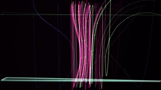 Glowing pink geometric lines form a looping abstract pattern on a black background.