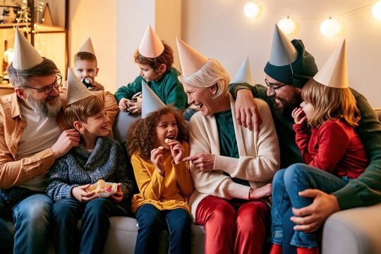 Multigenerational family in paper party hats laughing and sharing snacks on a cozy sofa under warm string lights