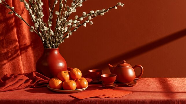 Lunar New Year still life with mandarin oranges, pussy willow, red envelopes and tea set