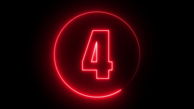 5 second countdown timer animation with red neon number text glowing from 5 to 0 with interesting circle animation. Circle countdown timer 5 sec animation on black background.4k