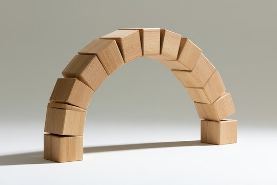 Alternate view of flexible arch of white modular blocks with crisp geometric detail