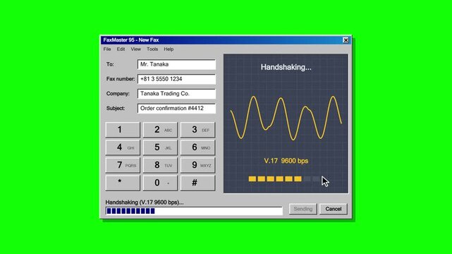 Retro fax software dialog dialing and sending a fax with keypad on green screen background, representing office communication, fax machine, and vintage business technology.