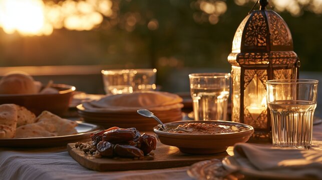 Ramadan iftar table at sunset with dates, lentil soup, flatbread and glowing lantern