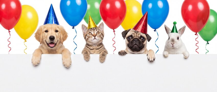 Group of cute happy pets wearing colorful party hats peeking over a blank white banner with festive balloons on a white background