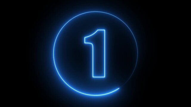 5 second countdown timer animation with neon number text glowing from 5 to 0 with interesting circle animation. Circle countdown timer 5 sec animation on black