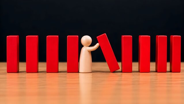 Wooden peg doll stopping falling red dominoes business crisis management and risk prevention concept