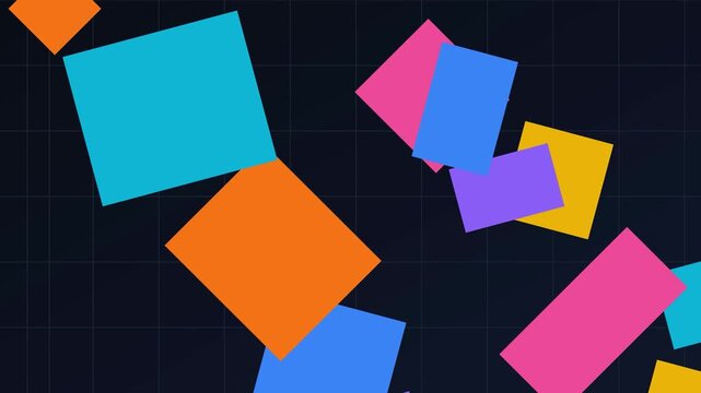 Colorful Geometric Shapes Moving on Dark Grid Background