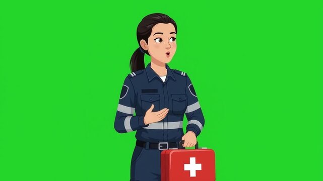 Animated female paramedic waves hello, holds first aid kit, green screen background, character animation footage.