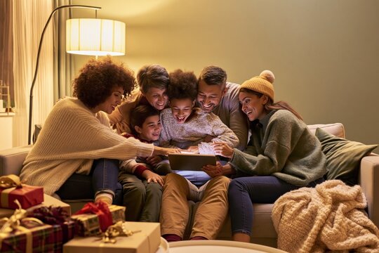 Multigenerational family gathered on a sofa smiling at a tablet surrounded by holiday gifts in a warmly lit living room