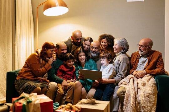 Joyful family huddled on a couch looking at a tablet beside wrapped holiday presents in a cozy living room
