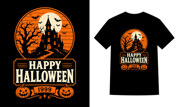 Happy Halloween 1999 retro t shirt design with haunted castle and