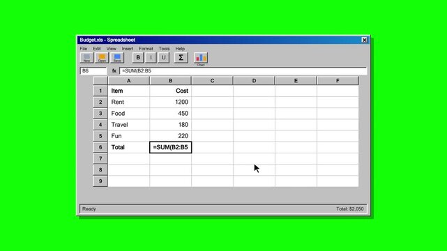Retro spreadsheet application window with budget table of numbers on green screen background, representing early office software, accounting, and financial planning.