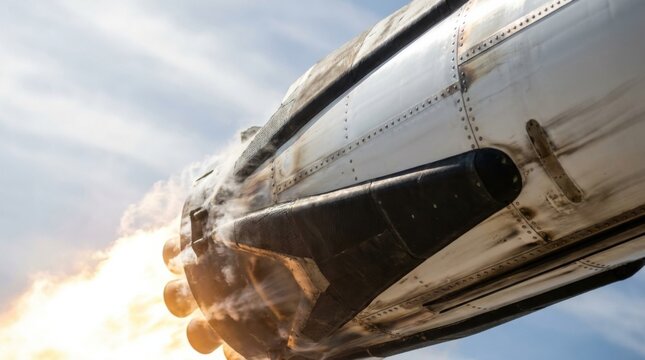 White aerospace rocket fuselage showing glowing amber thruster plume, titanium rivets, and carbon composite heat shield against daytime sky.