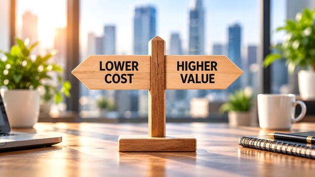 Business strategy concept with a wooden directional signpost pointing towards lower cost and higher value on an office desk.
