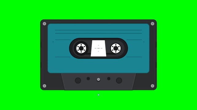Animated retro audio cassette tape playing on green screen background