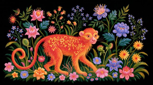 Vibrant monkey strides through colorful floral garden