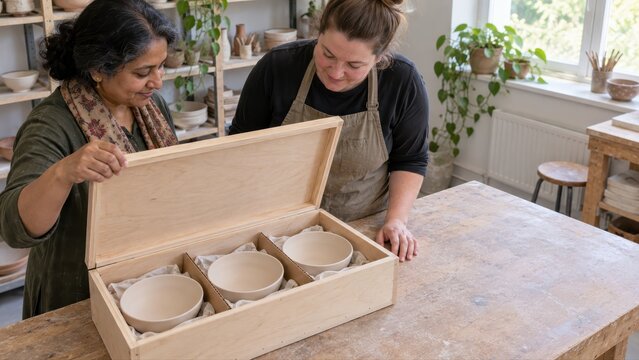 Customer opening a divided transport crate for a technician to inspect dry unfired bowls at a studio bisque firing service intake