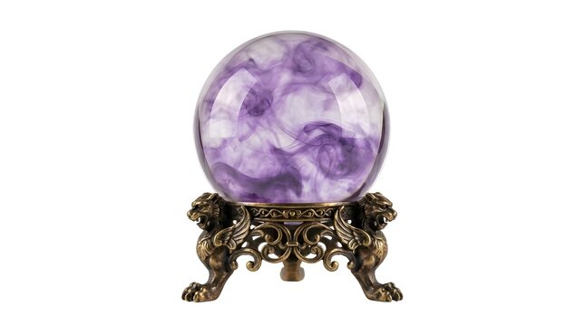 A mystical crystal ball with swirling purple mist inside, resting on an ornate antique stand with lion feet. The ball emits an aura of mystery and foresight