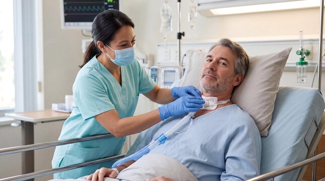 A nurse in a mask and gloves adjusts a tracheostomy tube on a male patient lying in a hospital bed, with medical equipment in the background.