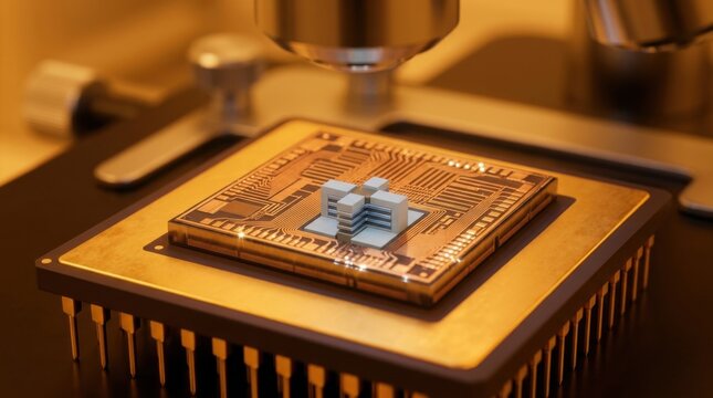 Sub-nanometer microprocessor monolithic silicon die mounted on gilded ceramic substrate under cleanroom lighting.
