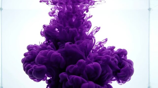 Deep purple ink cloud blooming in clear water, abstract swirling motion, slow diffusion, vibrant color splash, isolated on white background, high-speed footage, elegant liquid art.