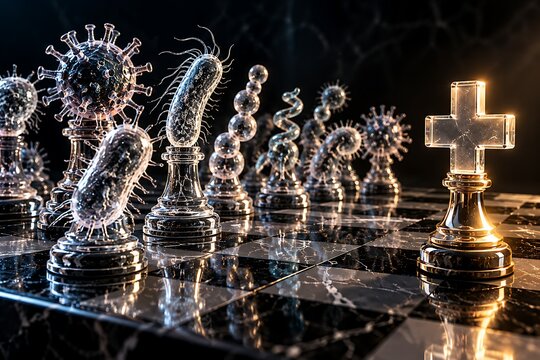 Chess pieces shaped like viruses and a medical cross stand on a polished marble chessboard microbes bacteria pathogens infection illness disease game strategy healthcare