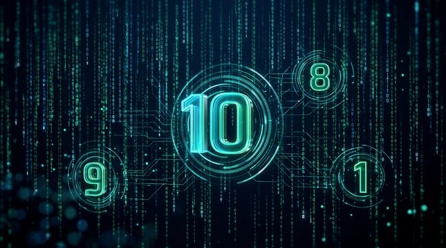 Digital countdown numbers on glowing binary matrix background