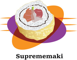 A colorful vector illustration depicts a single piece of sushi with tuna and rice maki roll fish © Milon