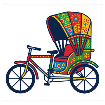 Traditional South Asian Cycle Rickshaw with Colorful Folk Art Hood Vector Illustration