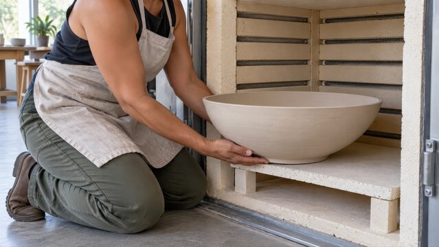 A technician supports a broad bone dry clay bowl with both hands as its base meets the lower refractory shelf of a cold kiln before bisque firing