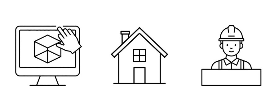 Architectural process icons showing design, construction, and finished house project, line art