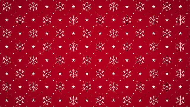Seamless Christmas pattern of white snowflakes and stars on red moving diagonally. Flat design looping background with light falling snow.