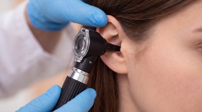 A healthcare professional wearing blue gloves uses an otoscope to examine a patient's ear during a medical check-up. The clinical setting demonstrates routine diagnostic procedures in patient care.