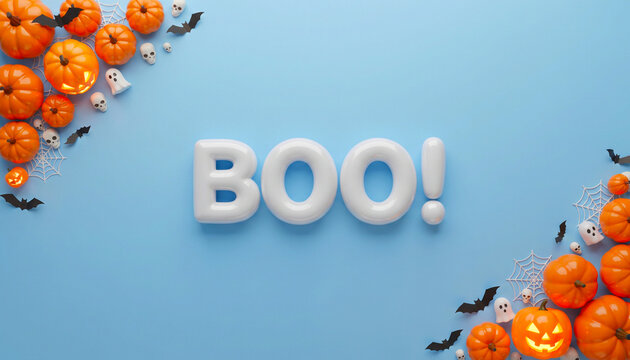 Boo 3D inflated text on soft light blue background with Halloween pumpkin and decorations