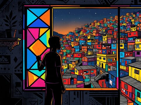 Young man standing by window looking out at vibrant colorful hillside favela under evening sky, stylized vector illustration