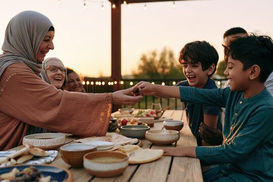 Multigenerational family sharing dates at an outdoor iftar table during a joyful Ramadan sunset gathering