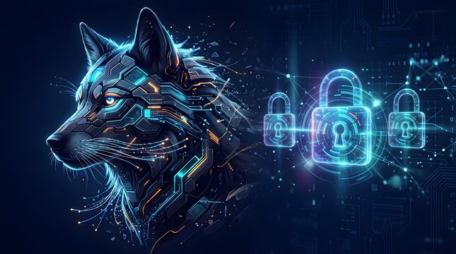 Mechanical cyber wolf with fiber optic whiskers watching over floating security padlocks, representing advanced AI anti-malware and system defense