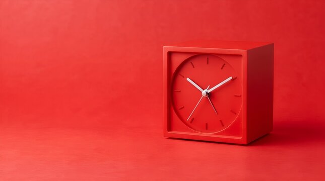Red Square Clock on Red Background Minimalist Time Concept