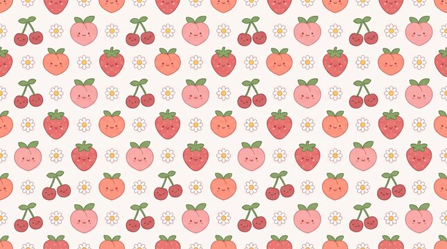 Cute kawaii fruit seamless pattern background with smiling characters